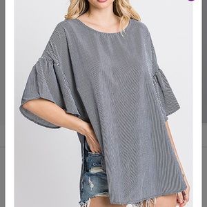 Women’s navy and white pinstripe bell sleeve top. SZ. S. NWT